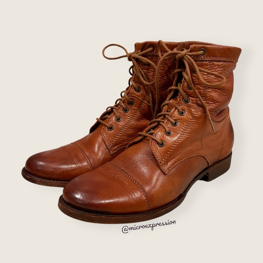 Frye Erin Lug Work Lace Up Combat Cognac Brown Leather Winter Fall Ankle Boot - Picture 11 of 15